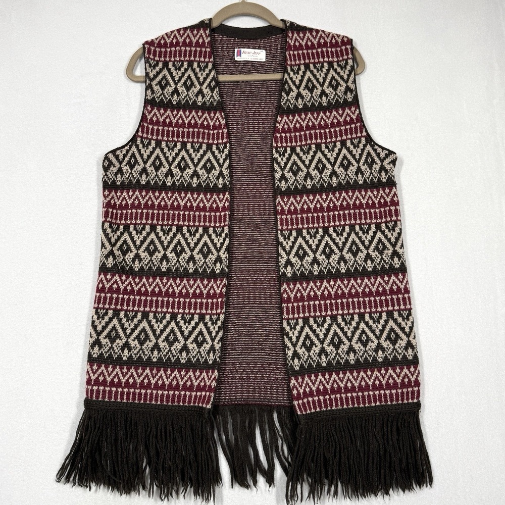 Vintage Lord Jeff Sweater Vest Mens Medium Wool‎ Open Fringe Fair Isle 70s Beau